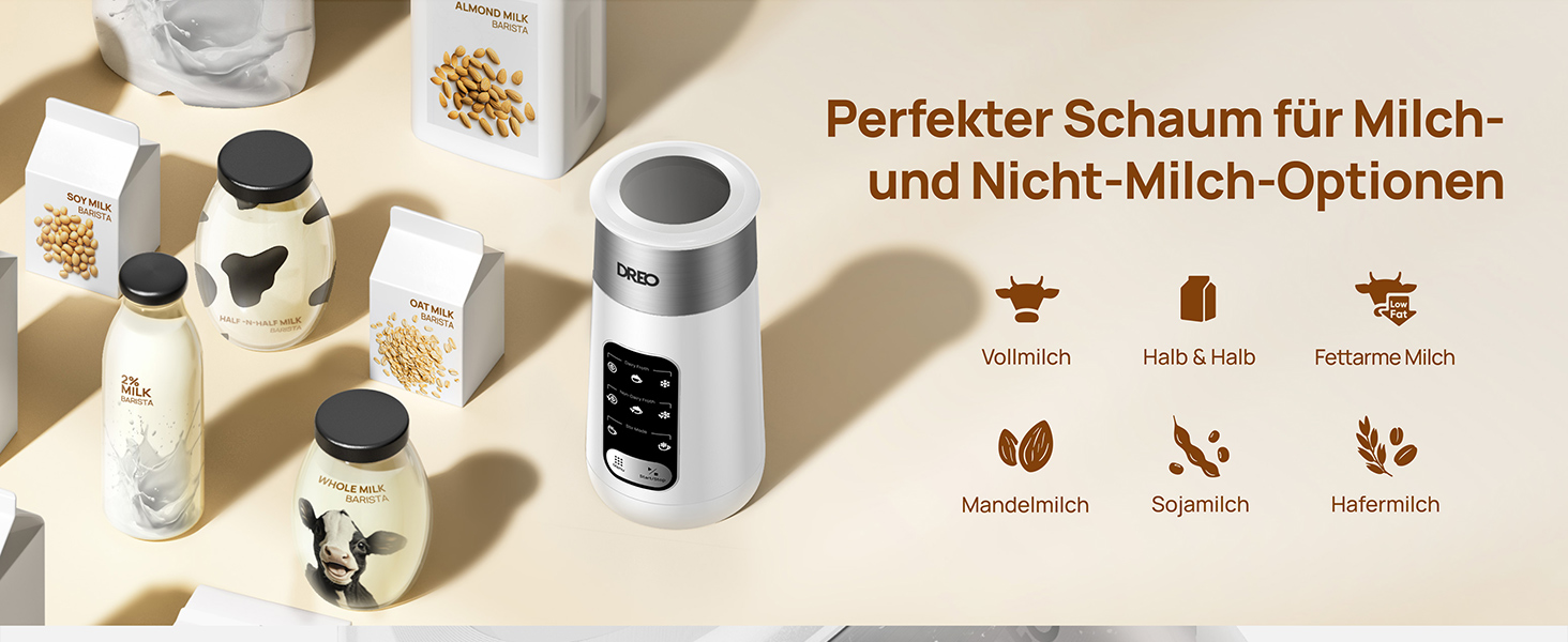 Dreo електричний спінювач молока 8-в-1 для лате арт, 270 мл, з підігрівом, LED, білий