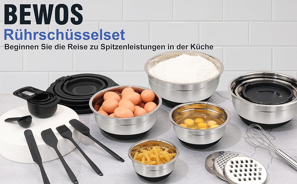 Набір міксерів BEWOS 7 шт. з кришкою, нержавіюча сталь, різні розміри, з терткою, антиковзаюче дно, чорний