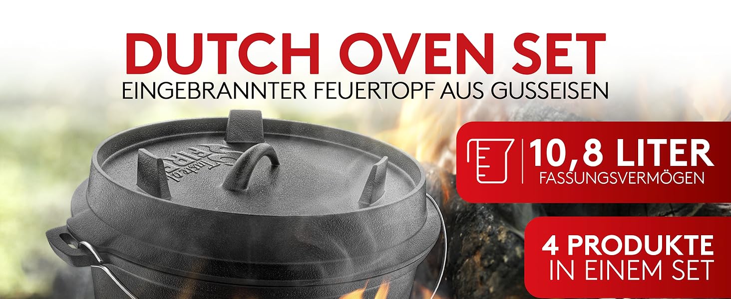 Набір чавунного казана BBQ Dutch Oven [Das Original] 10,8 л з підставкою та кришкою-гриль 2,2 л, піднімачем та електронною книгою рецептів