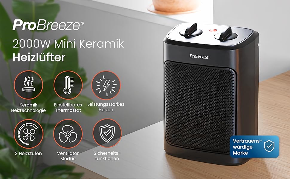 Про Breeze 2000W керамічний міні-нагрівач з холодною функцією та 3 рівнями потужності - для офісу, вітальні, спальні або тераси - Чорний