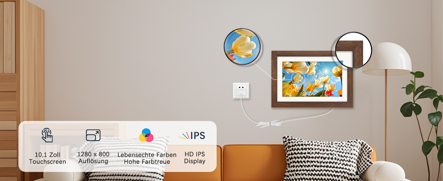 Цифровий фоторамка Frameo 10.1 дюйма з Wi-Fi, горіхове дерево, 32GB, IPS Touchscreen, Wi-Fi, фото/відео через додаток Frameo, подарунок для чоловіків та жінок