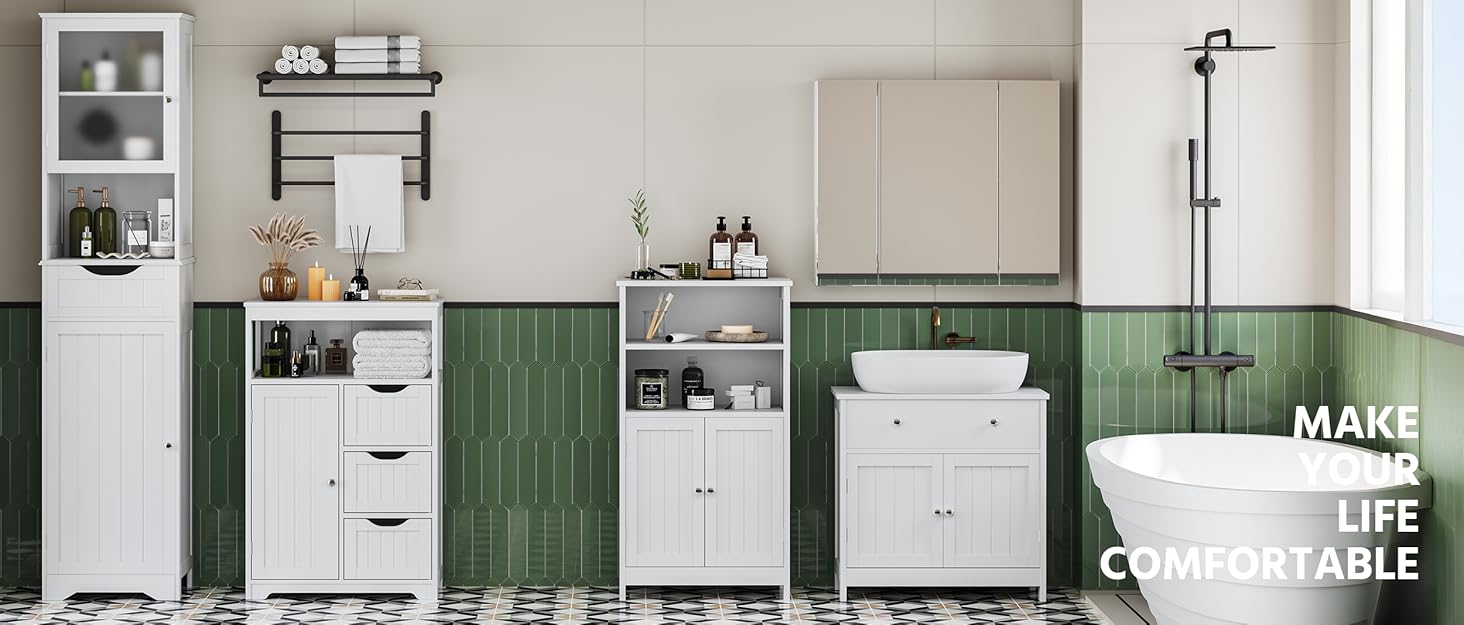 Шафка у ванну кімнату Yaheetech з 3 висувними ящиками та 1 дверцятами, сіра, 55,5 x 29,5 x 86,5 см