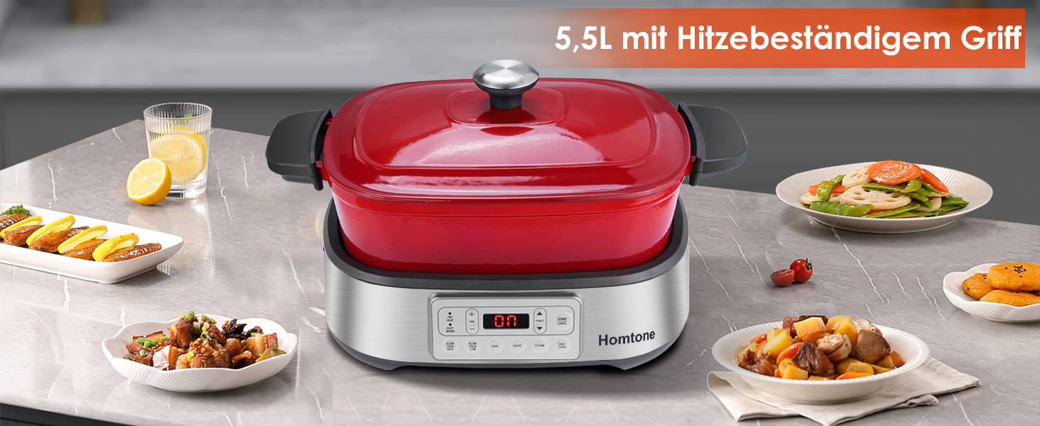 Мультиварка Homtone 6-в-1, 5.5L з керамічним покриттям, червона. Повільне приготування, смаження, варіння на пару