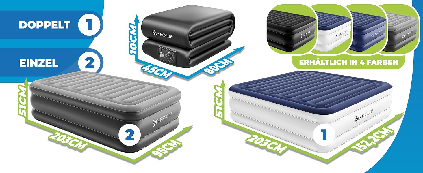 Надувна матрац KESSER® з електричним насосом, 203x152.5x51 см, для дому та кемпінгу, сірий/антрацит