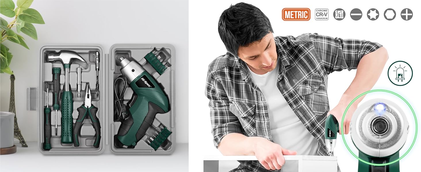 Набір інструментів Hi-Spec 25 предметів, зелений, компактний, для дому та офісу, базовий побутовий набір для ремонту в кейсі