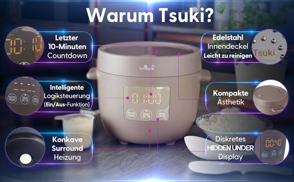 Керамічний рисоварка Yum Asia Tsuki Mini (2,5 чашки, 0,45 л), 5 функцій приготування рису, 2 функції мультиварки, LED-дисплей, 220–240V (Сірий)