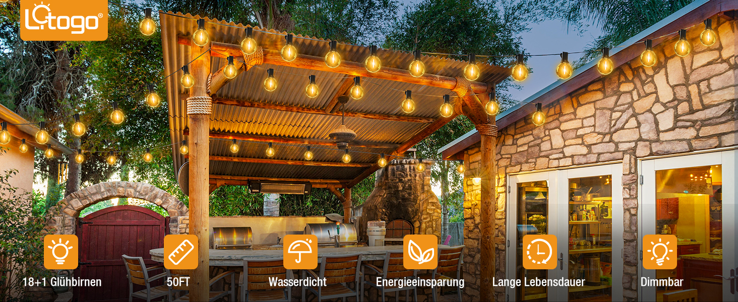 LED гірлянда для декорування саду та тераси, 15 метрів, тепле світло, G40, з таймером та димером, вологостійка