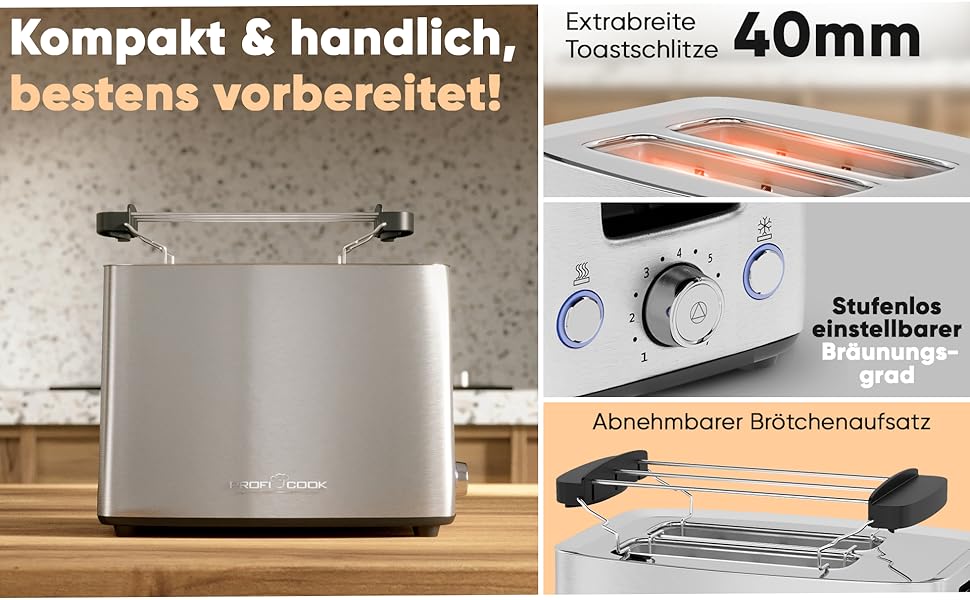 Тостер ProfiCook Edelstahl PC-TA 1279 сріблястий - 2 слоти, для бутербродів, вафель та булочок, з насадкою для булочок, нержавіюча сталь
