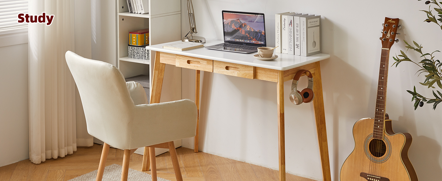 Дерев'яний письмовий стіл з шухлядою та вішалкою, 100 x 50 x 75 см, YD-WD01N. Компактний комп'ютерний стіл з натуральним деревом.