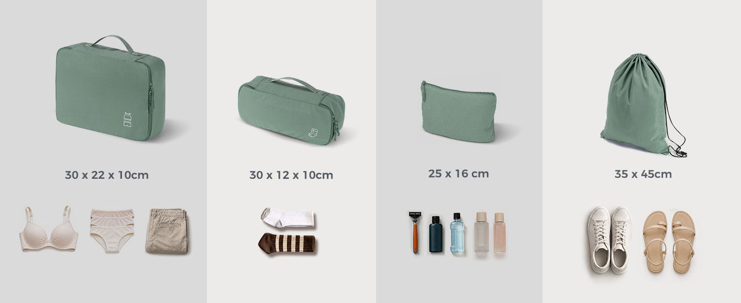 Набір органайзерів для валізи та рюкзака Packing Cubes, 8 предметів, сіро-зелений — дорожній набір для пакування речей