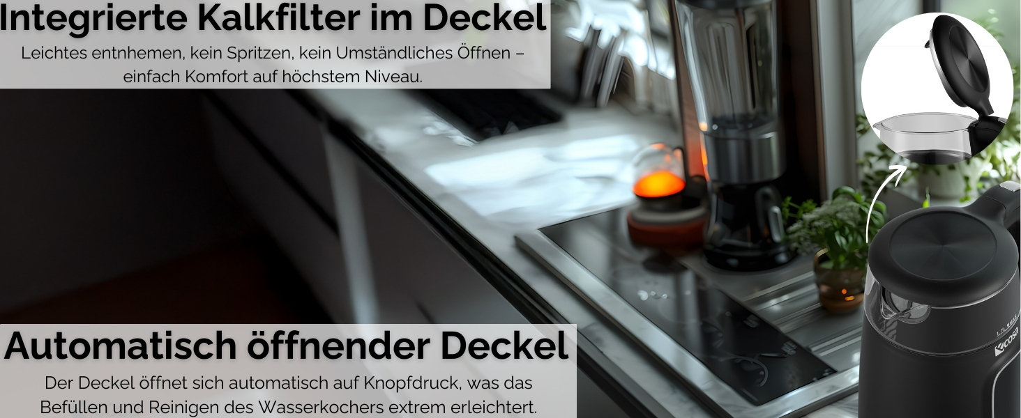 Електричний чайник Ecosa® зі скляною колбою та нержавіючою сталлю, 1,7 л, 2200 Вт, регулювання температури 40°C-100°C, підігрів, LED-підсвічування (Black Pearl)