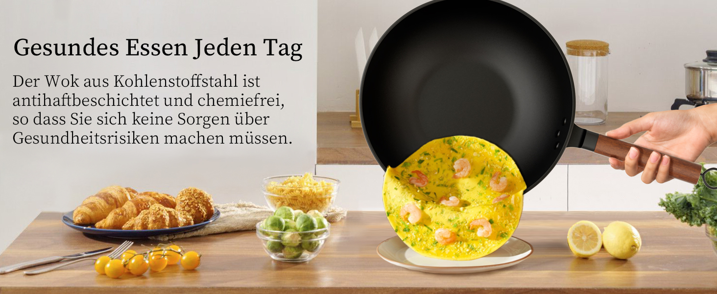 Вок Jobin 33 см з кришкою з термостійкого скла, з вуглецевої сталі, без хімічного покриття, для азіатської кухні, сумісний з індукційними, газовими, електричними та керамічними плитами, чорний