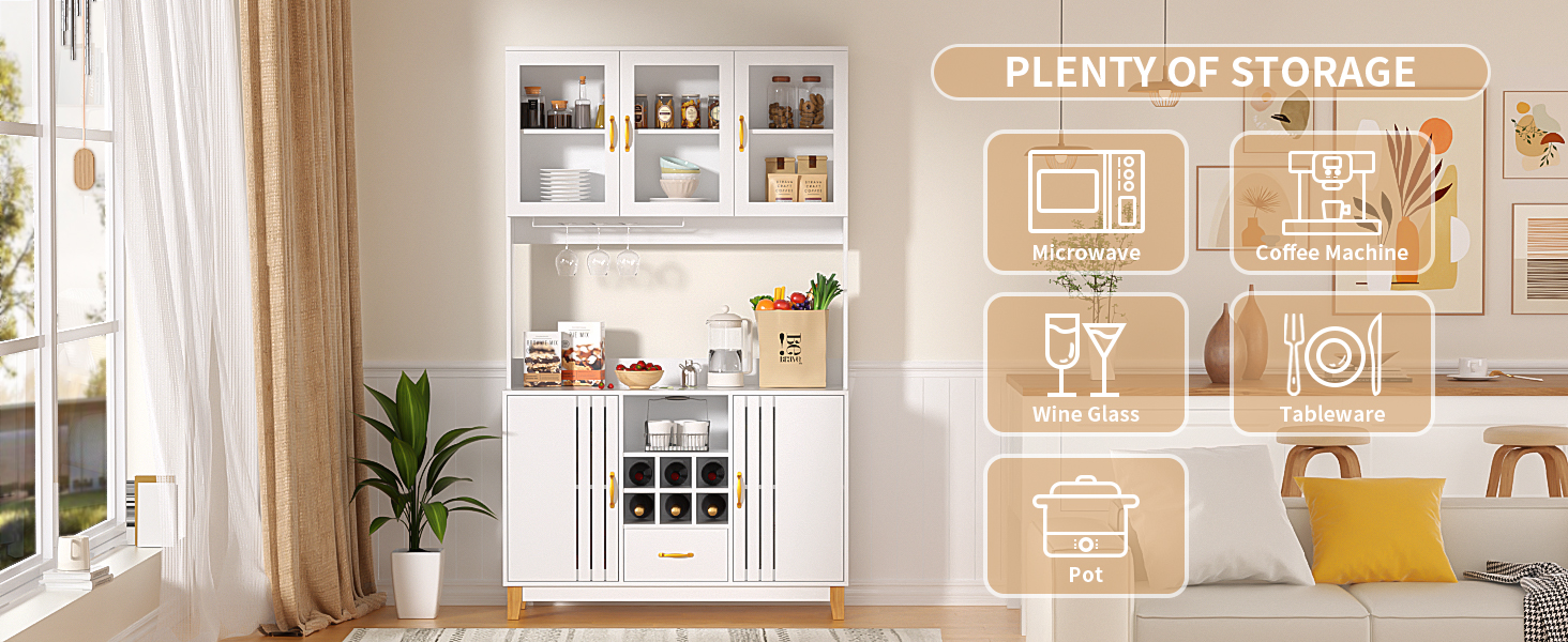 Кухонна шафа VOWNER з робочою поверхнею, буфет на 4 дверцята, шафа-вітрина, буфет з регульованими полицями, 80 x 40 x 180 см, для кухні, вітальні, офісу, їдальні (білий)