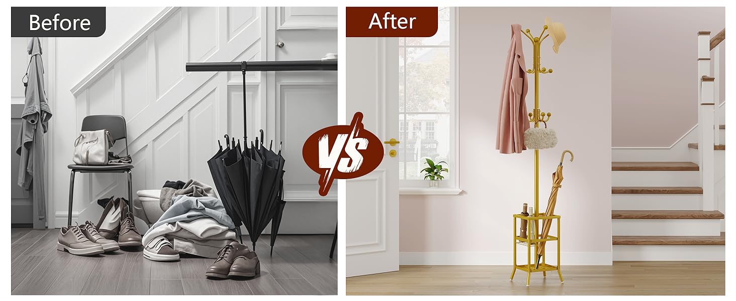 Стійка для одягу FAVOOOSTY з підставкою для парасольки, 12 гачків, для вітальні/спальні, срібло/золото