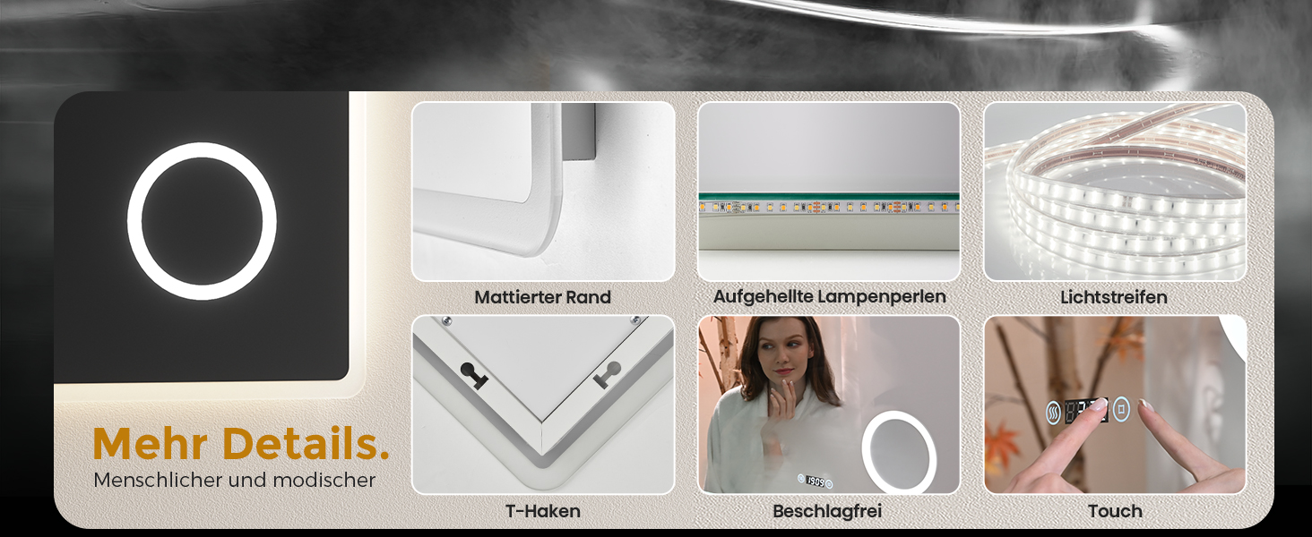 EMKE® LED дзеркало для ванної кімнати 80x60 см з підсвічуванням, сенсорне, регулювання яскравості, протитуманне, 3 кольори світла, годинник, IP44