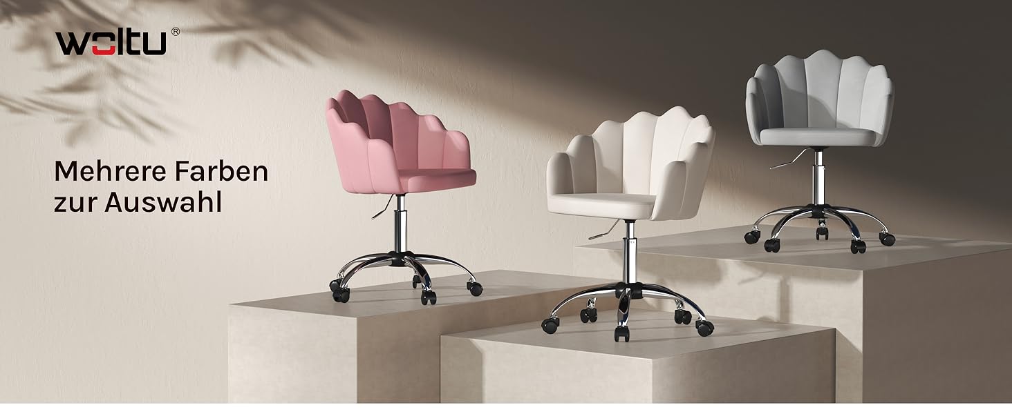 Крісло WOLTU для офісу та дому, крісло до туалетного столика з м'якою спинкою у вигляді пелюсток, поворотне з роликами, регульоване по висоті, для робочого кабінету, спальні, оксамит, бежевий