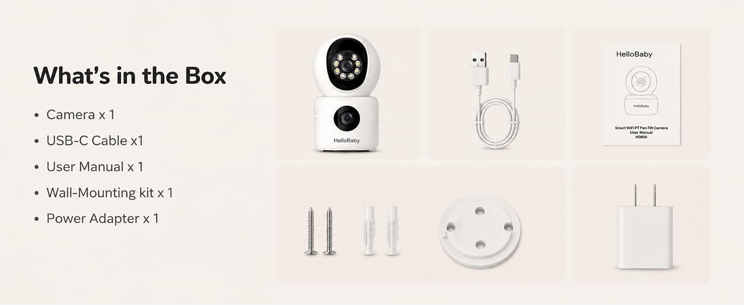 Відеоняня HelloBaby WiFi з камерою, нічним баченням та датчиком руху, двосторонній аудіозв'язок, керування через додаток, підтримка Cloud/SD карти пам'яті (Білий)