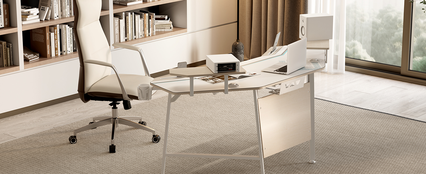 Ігровий стіл EUREKA ERGONOMIC 160x74 см з крилами, для ПК, з 2 відсіками для iPad, для дому, офісу, стрімінгу, білий акорн