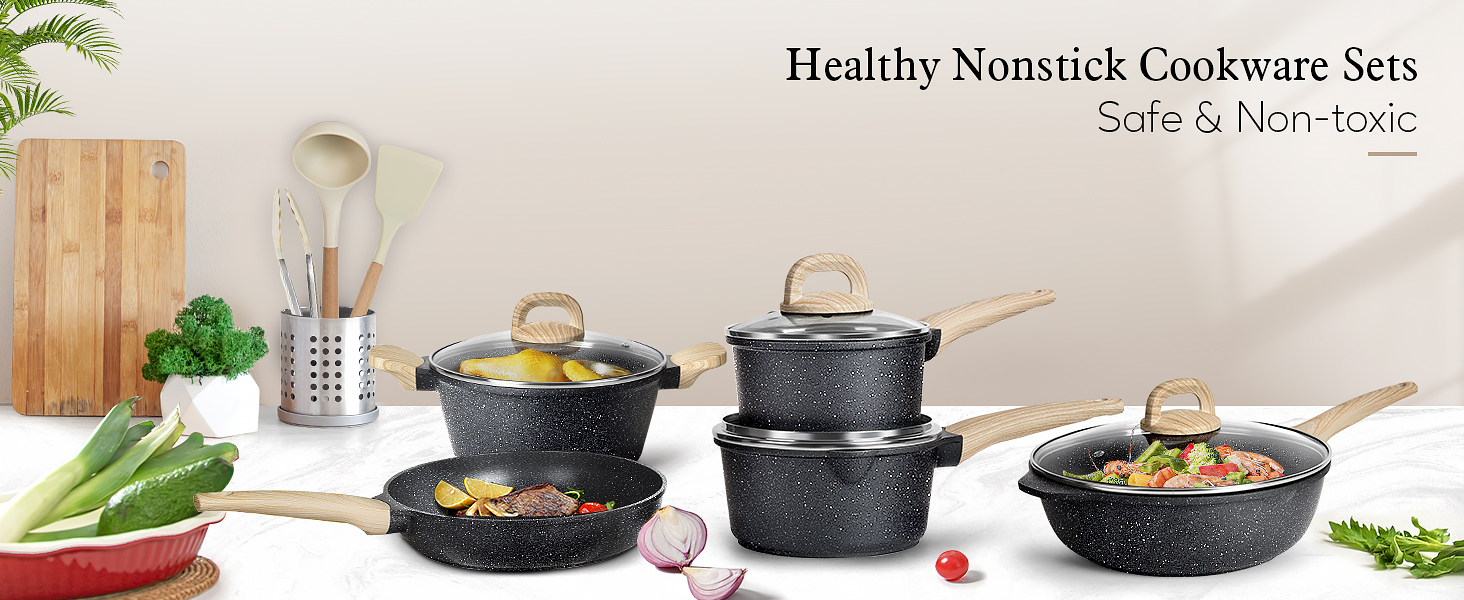 Набір каструль з кришкою для індукційних плит, 13 предметів, чорний гранітний набір посуду, антипригарне покриття без PTFE та PFOA