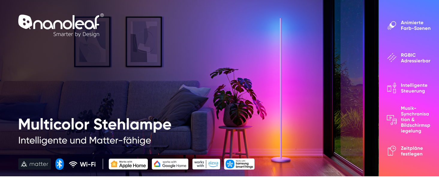 Наноліф Matter Розумна Підлогова Лампа Біла, RGB IC LED, Диммер, Музичний Синхронізація, 1700lm, Управління через Додаток та Голос (Alexa, Apple HomeKit), Декоративне Освітлення для Спальні та Геймінгу