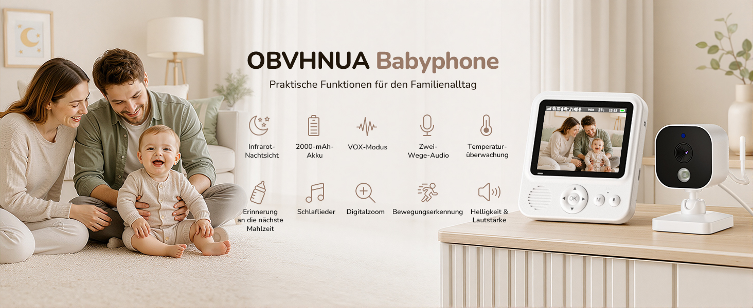 Відеоняня OBVHNUA з камерою без WLAN, дисплей 2.8 дюйма, роздільна здатність 720P, режим VOX, до 96 годин роботи