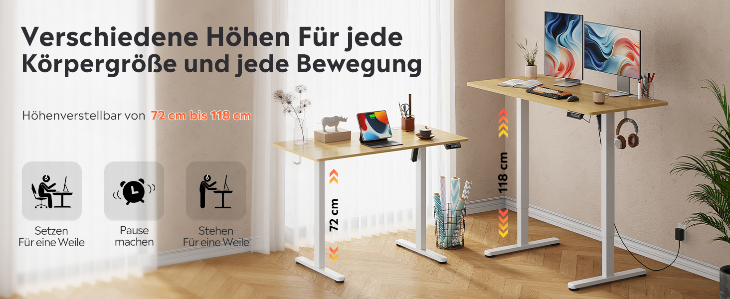 Регульований за висотою стіл Devaise з тихим мотором та функцією пам'яті для 3 положень, стіл для сидіння та стояння, регулювання висоти 72–118 см, ергономічний комп'ютерний стіл для офісу, білий (100x60 см, колір дуб)