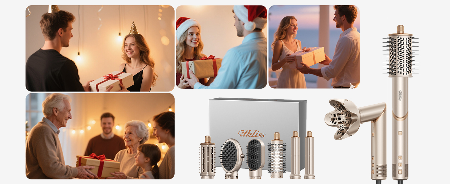 UKLISS Hairstyler Airstyler 8-в-1: Фен-щітка, випрямляч, плойка, насадки для об'єму та іонізація - Швидке сушіння для всіх типів волосся, колір шампань