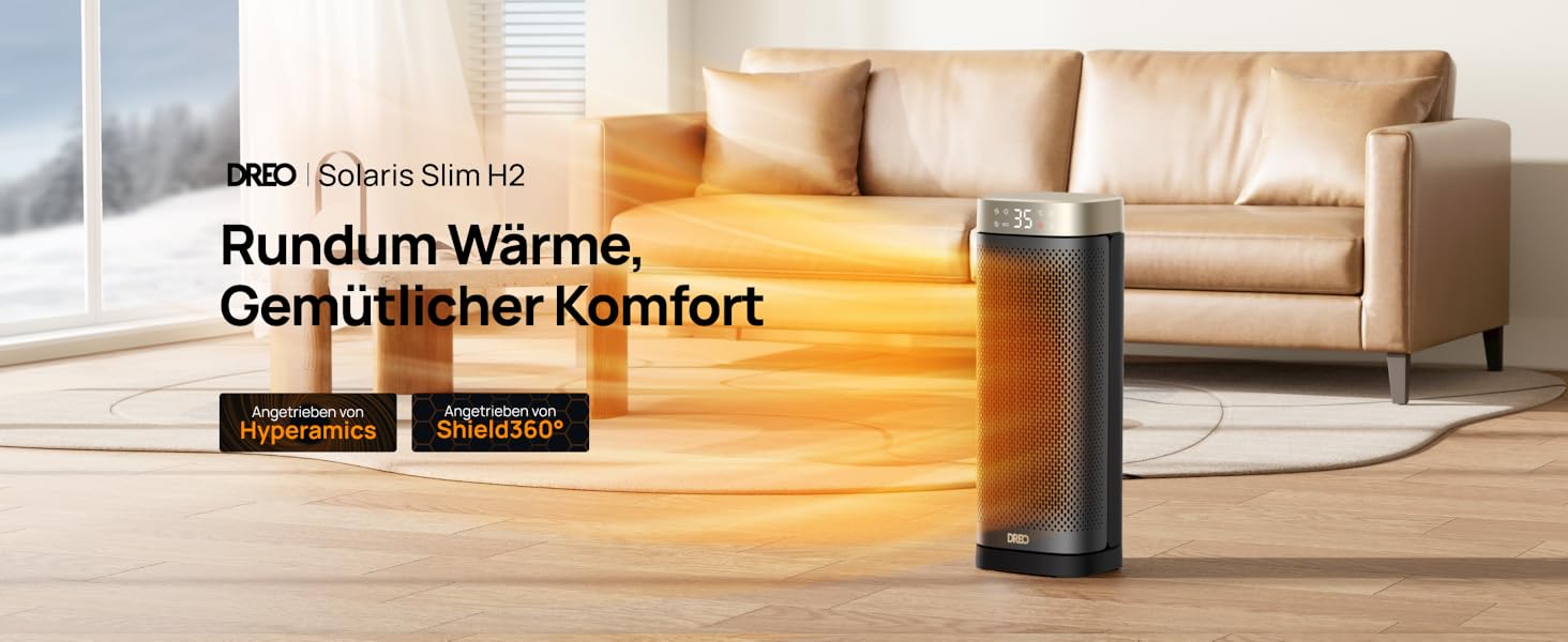 Електричний обігрівач DREO Solaris Slim H2, 2000W, керамічний, з термостатом, таймером, 3 режими, осциляція 70°, захист від перегріву та перекидання, золотий