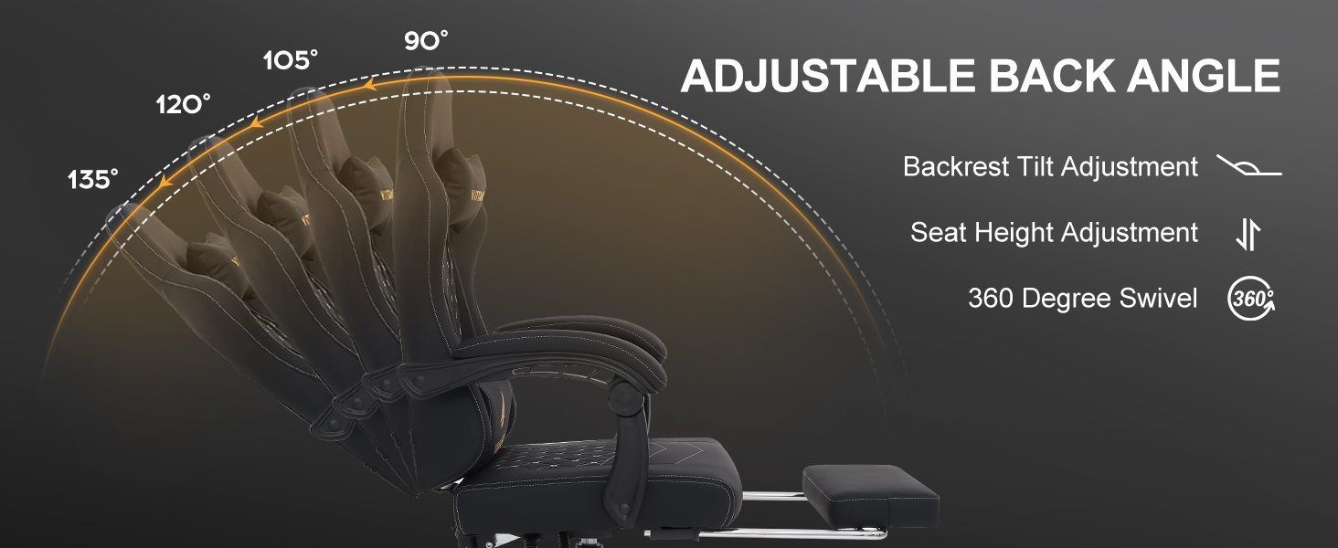 Ігровий крісло Vittanly з пружинним сидінням, ергономічний геймерський стілець з підголівником, поперековою подушкою та підніжкою, регульований поворотний ігровий крісло-офісне крісло, чорний, 150 кг