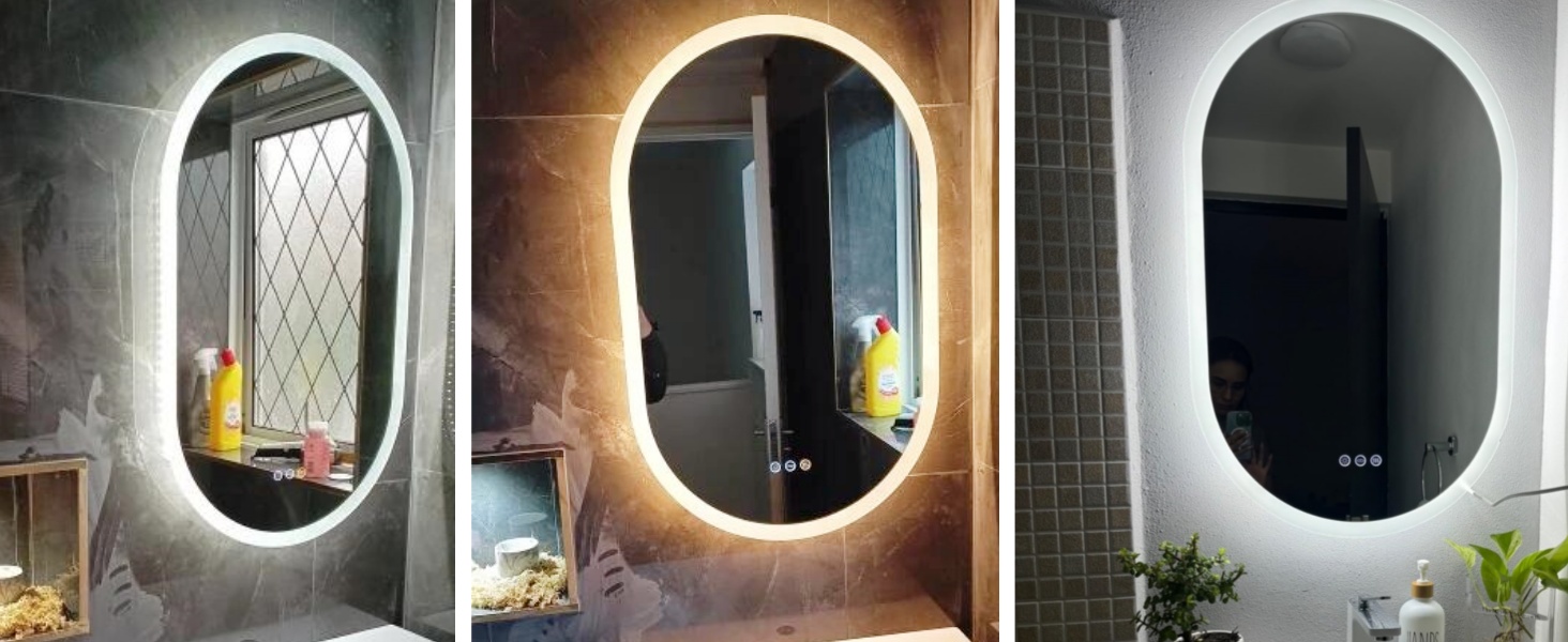 Дзеркало для ванної кімнати LUVODI овальне зі світлом, 50x80 см: LED, сенсорне керування, антизапар, 3 кольори, регулювання яскравості, пам'ять