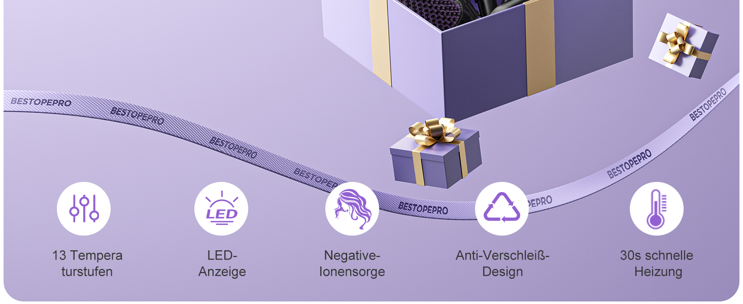 BESTOPE PRO Локкенстаб: Набір для створення локонів 5 в 1 з плойкою, термощіткою, 3 локонами (9mm-25mm) для великих локонів, 13 температур, керлером з термозахистом. Матова поверхня, рукавичка, затискач. Колір: Північне сяйво (Lila)