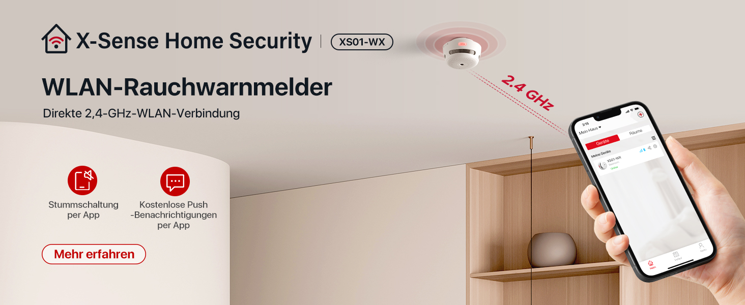 Датчик диму X-Sense WLAN з підключенням до Wi-Fi, EN14604, з змінною батареєю, сповіщення через додаток, білий, 1 шт.