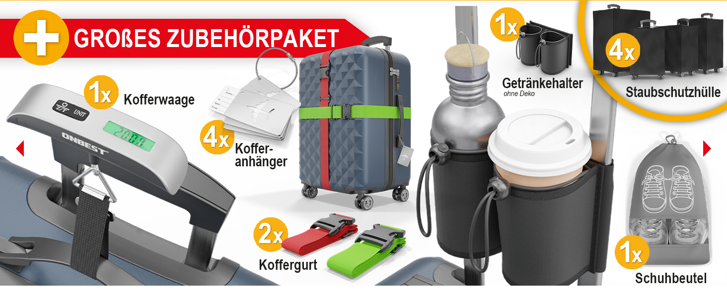 Набір валіз Onbest Premium 4-в-1 з жорстким корпусом, TSA-замком та USB-портом. В комплекті: ваги, ремені, адресники, тримач для напоїв, чохол для взуття та чотири чохли від пилу. Рожевий колір.