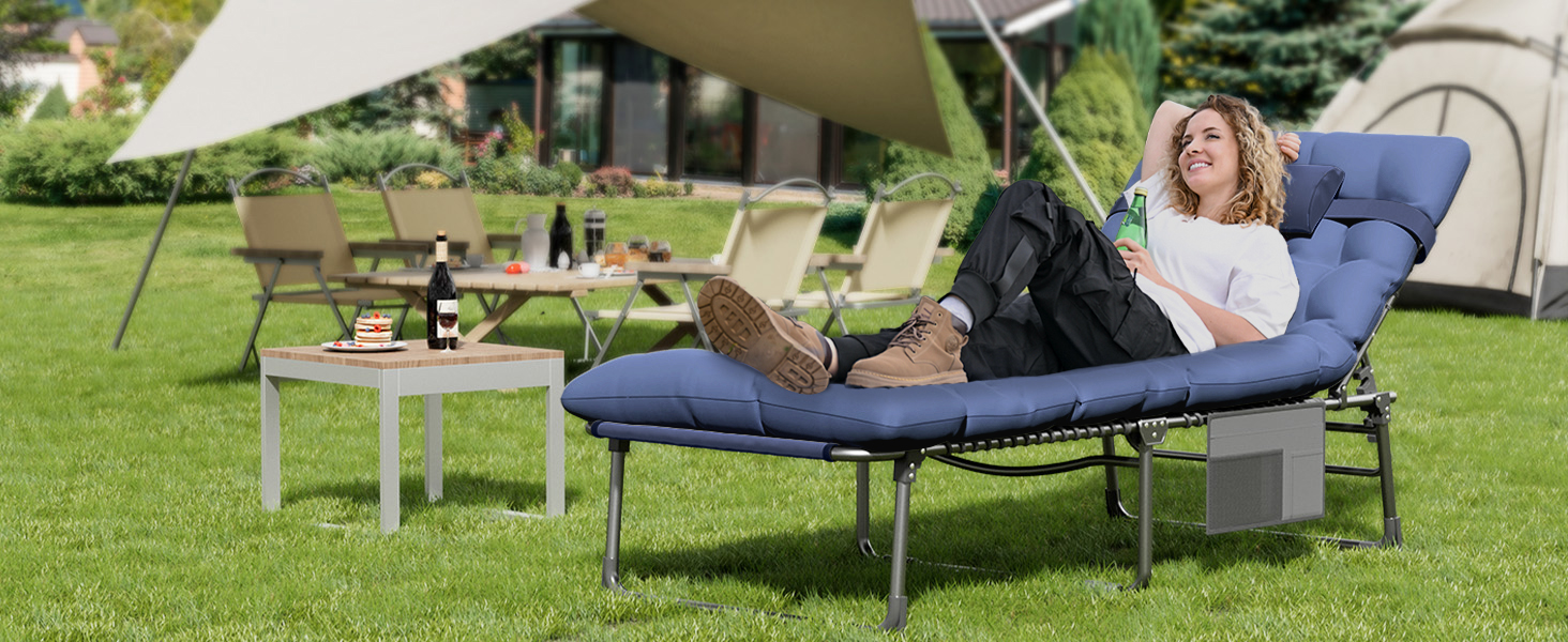 Розкладне ліжко для кемпінгу UDPATIO: зручне ліжко для відпочинку на природі з регульованою спинкою та подушкою (Navy)