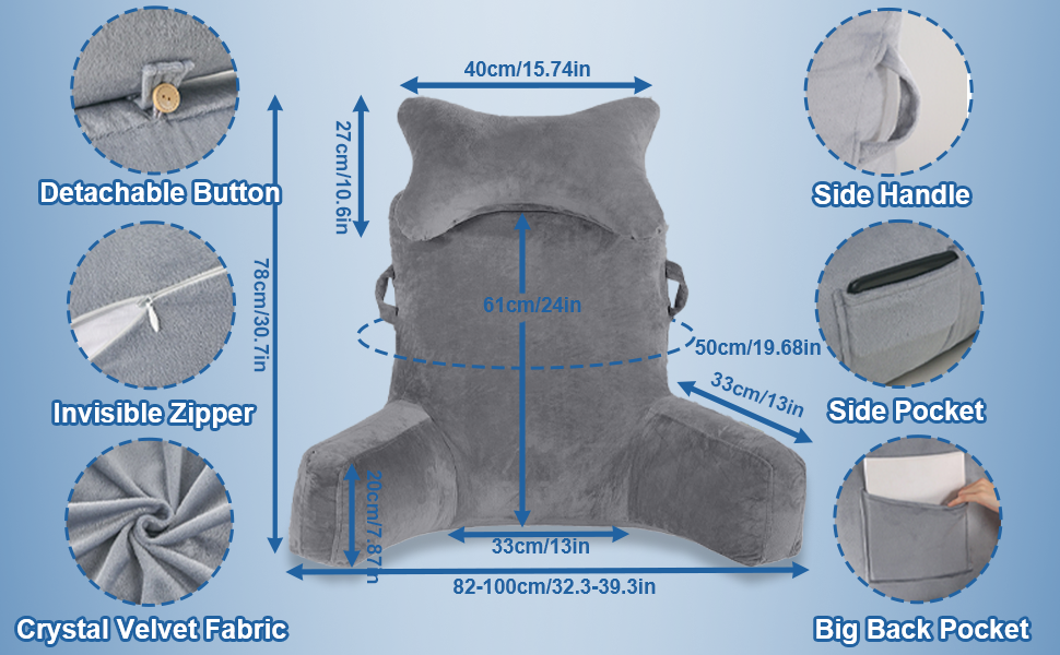 Лежак для читання в ліжко, 90 x 80 см (ДxВ) XXL подушка для спини, диван для дорослих з підлокітниками та знімною подушкою для шиї, спинка для читання з кишенею для ліжка, дивану, підлоги та стільця, світло-сірий