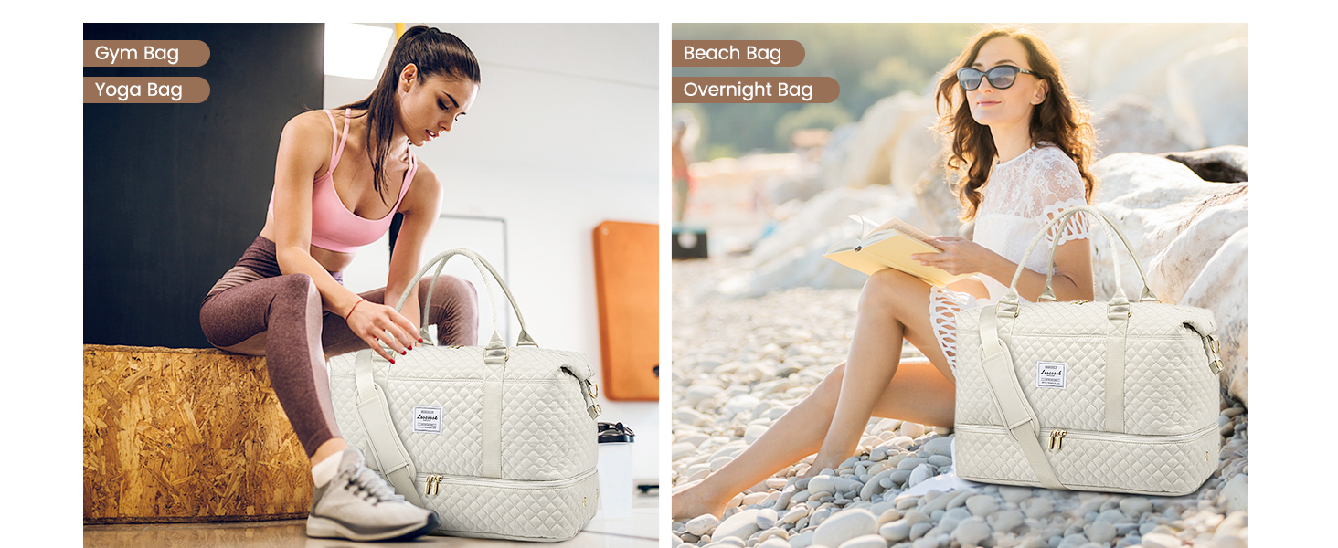 Спортивна сумка LOVEVOOK для жінок: велика дорожня сумка-мішок, weekender, з косметичкою, відділенням для взуття, водонепроникна, для подорожей, спортзалу, кемпінгу (M-3шт, Бежевий)