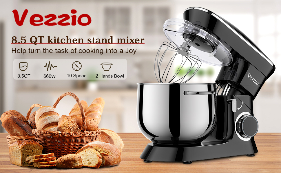 Кухонна машина Vezzio 1500W з чашею 8.5л з нержавіючої сталі, 10 швидкостей, для замішування та збивання тіста (чорна)