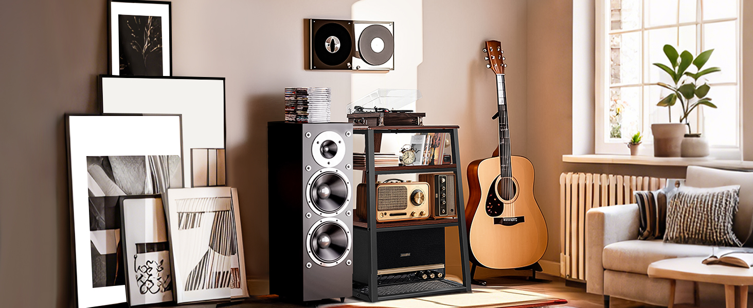 AV-тумба OUUTMEE для Hi-Fi системи та вінілового програвача, дерев'яні полиці, 61x53.5x78.5 см