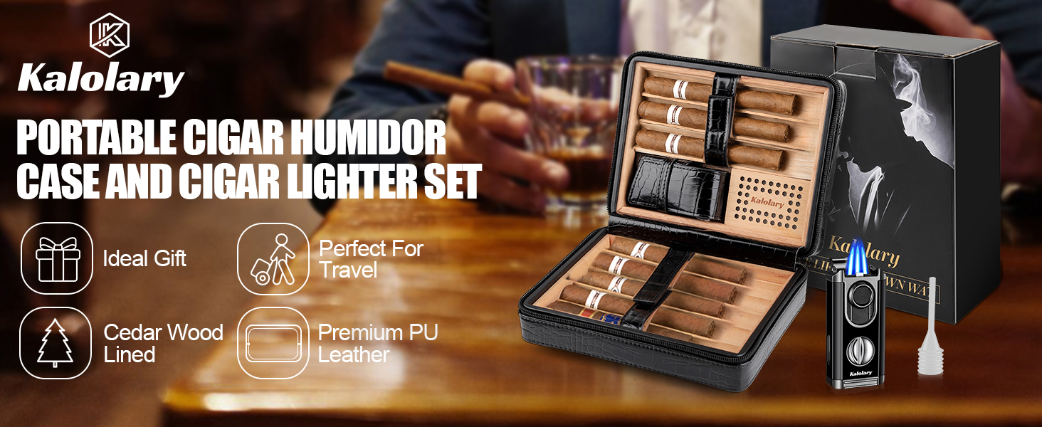 Вишуканий вологозбережувач для сигар Kalolary з різаком, портативний дорожній футляр для сигар з кедрової деревини, вміщує до 8 сигар, чудовий подарунок для чоловіків (Чорний)