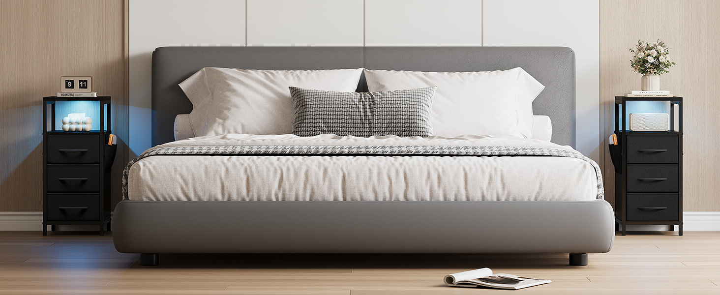 Нічний столик з підзарядкою та LED, приліжний столик з 3 висувними ящиками з тканини, нічний столик з полицею, відкрите відділення, 2 розетки AC, USB та Typ C порти, для спальні, вітальні, офісу (25x30x60 см, Чорний, 2)