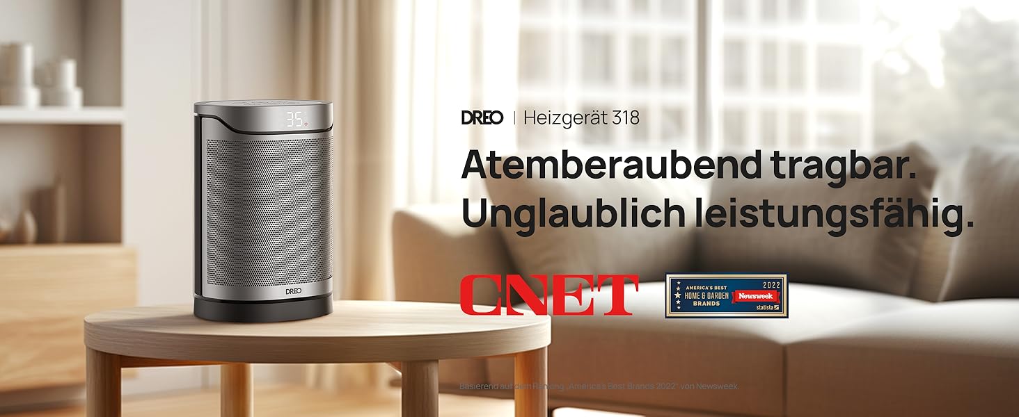 Електричний обігрівач DREO Keramikheizung 318,1500W з термостатом, захистом від перегріву та нахилу, таймером, дитячим замком, економією енергії 40%, тихий, срібний, для спальні, класичний дизайн