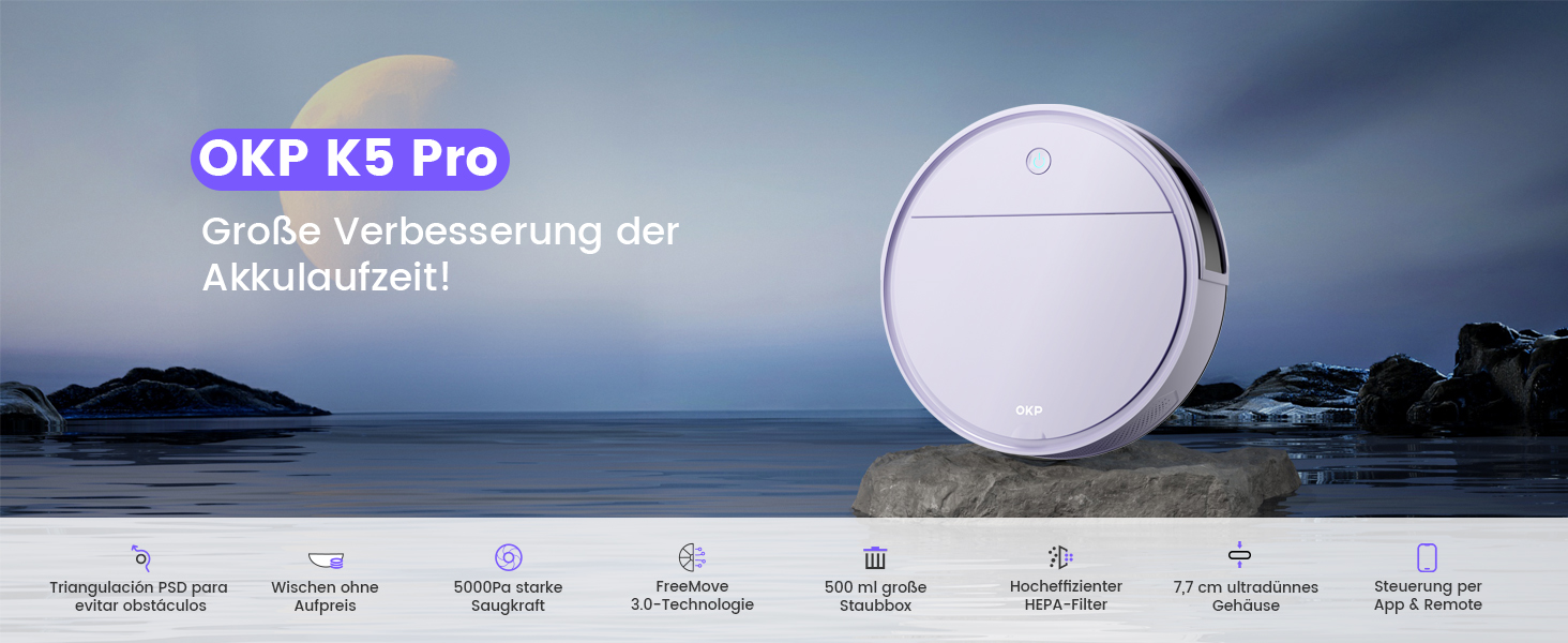 Робот-пилосос OKP K5P Purple: 5000Pa, навігація, HEPA-фільтр, Wi-Fi, для тварин, килимів, твердих підлог