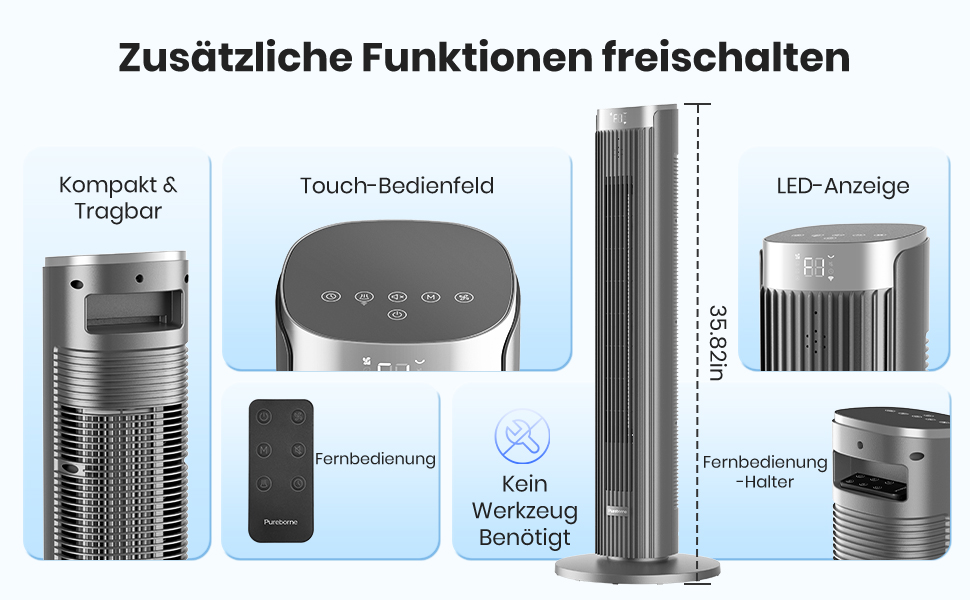 Турбовентилятор Leiser з осциляцією 90°, пульт дистанційного керування та Wi-Fi, 4 швидкості та 4 режими, таймер 12 годин, сірий, 91 см