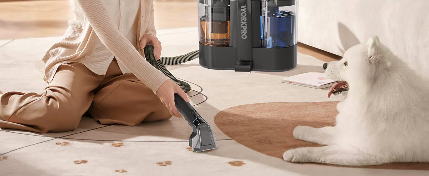 WORKPRO Мийний пилосос 450W 13kPa, 1.6L з миючим засобом та 2 насадками, для килимів, диванів, авто