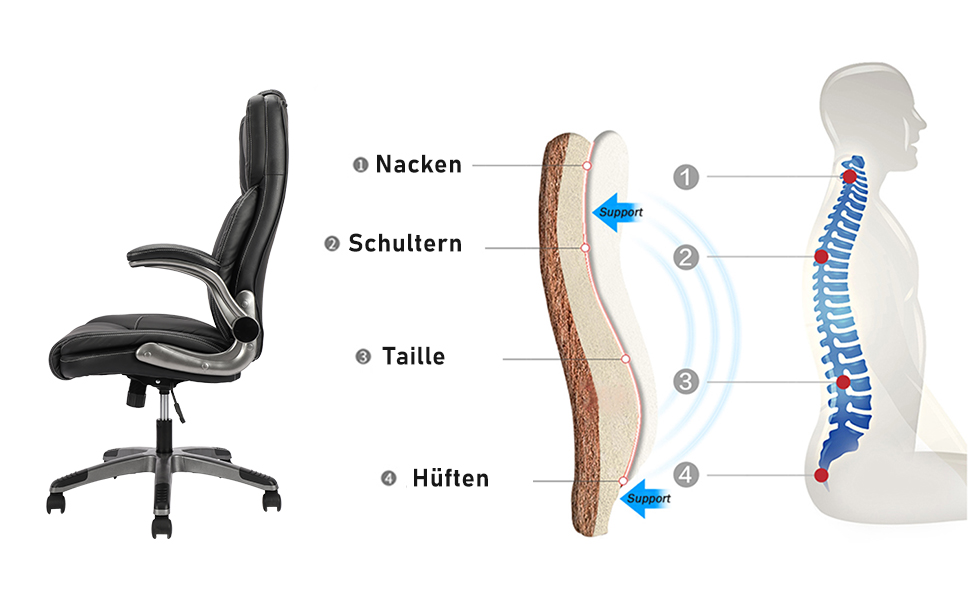 Ергономічне крісло для офісу 180 кг, крісло для столу з високою спинкою та широким сидінням, відкидні підлокітники, комп'ютерне крісло для офісу, дому, геймінгу (Чорний, без масажу)