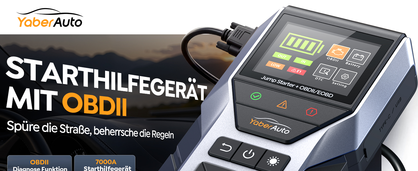Пусковий пристрій YaberAuto Jump Starter 7000A з OBD2 діагностикою та тестером акумулятора, Powerbank 16800mAh для бензинових та дизельних авто (до 10л), з LED-ліхтарем