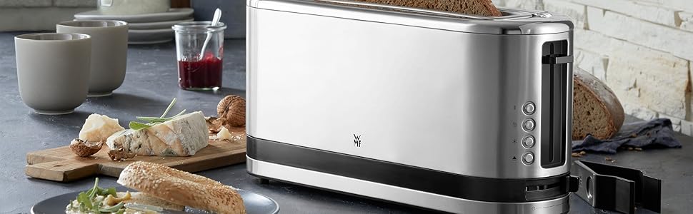 Тостер WMF Küchenminis Langschlitz XXL для хліба та булочок, 2 тости, 7 рівнів підсмажування, 900 Вт, нержавіюча сталь