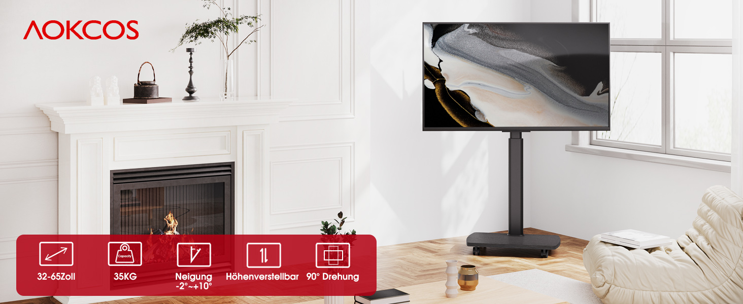 Підставка для телевізора на колесах з полицею, чорна, поворотна, регульована по висоті, VESA 400x400, для телевізорів 32-65 дюймів