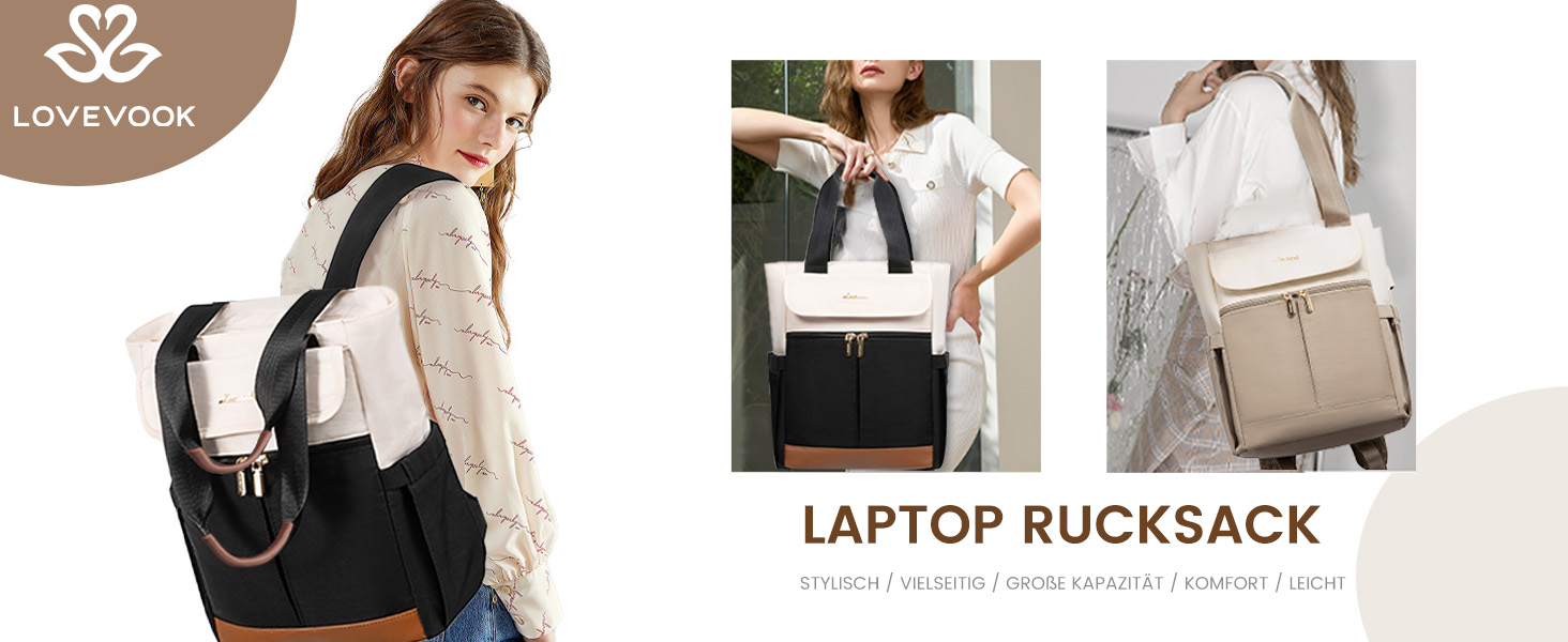 Жіночий рюкзак LOVEVOOK: компактний, водонепроникний, для ноутбука 15.6 дюймів, у стилях beige, black, brown