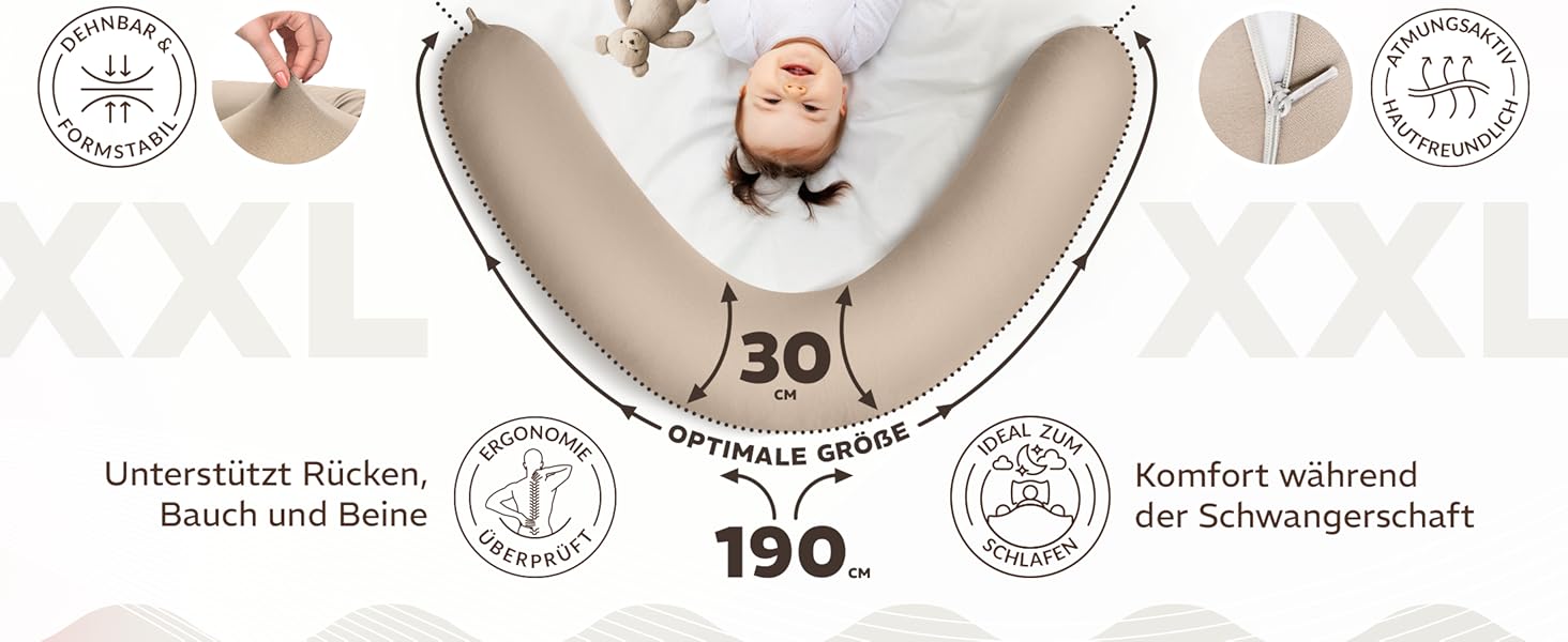 Подушка для годування та вагітності sei Design XXL (190x35 см), ергономічна подушка для сну з чохлом з органічної бавовни муслін, сріблясто-сіра